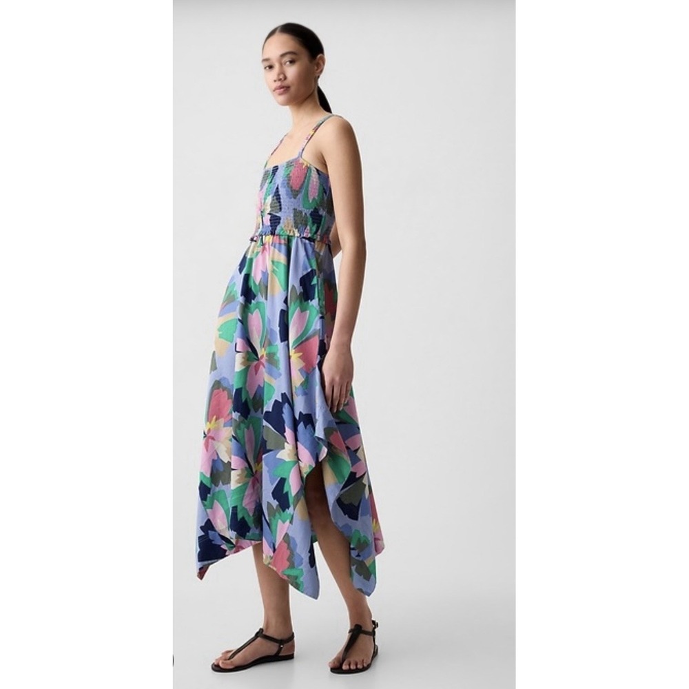 Gap Floral Smocked Midi Dress Handkerchief Hem Strappy Women's Medium Boho